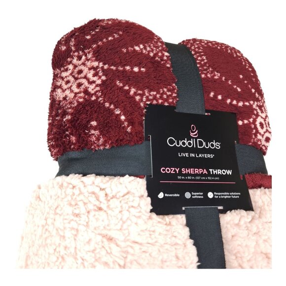 Cuddl Duds Cozy Sherpa Throw Blanket 50" x 60" Reversible Double-Sided Red Pink - Picture 1 of 9